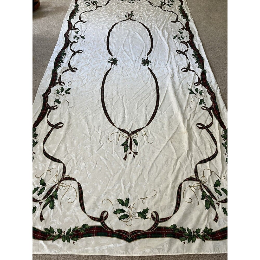 Lenox Holiday Nouveau Tablecloth 60x120 Oblong Ivory Damask Holly Ribbon Cotton